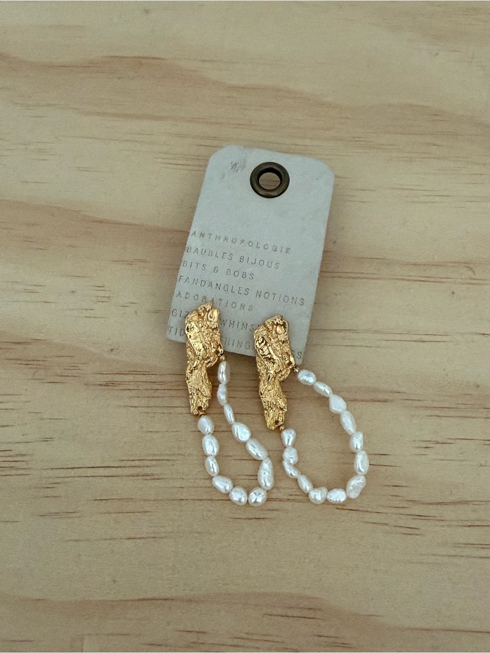 Anthropologie Gold Nugget & White Pearl Loop Earrings